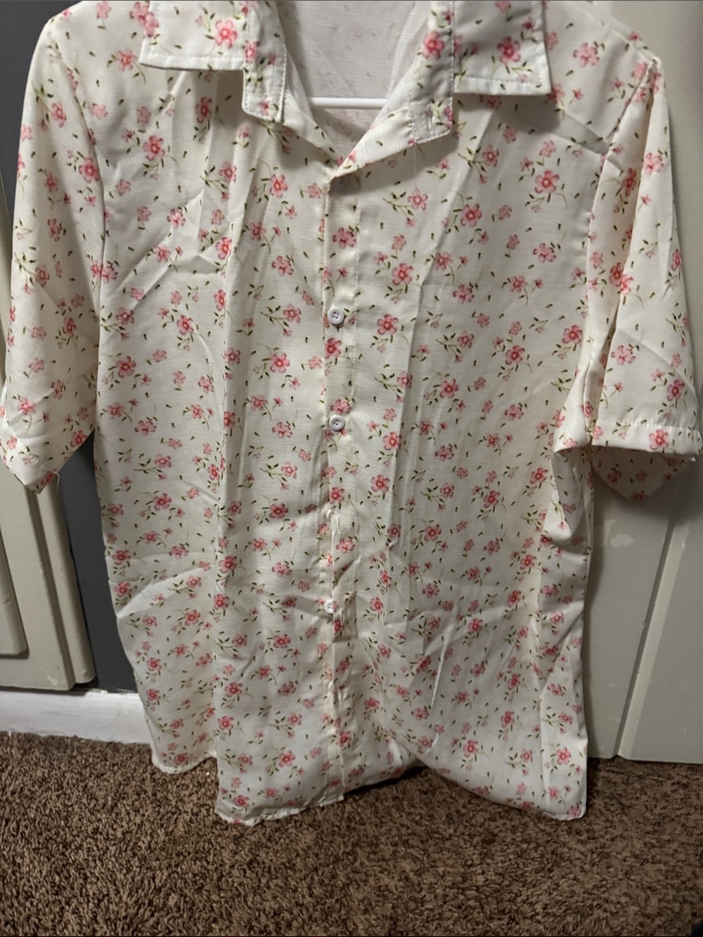 Women’s Cream Short-Sleeve Button-Up Shirt with Pink Floral Print